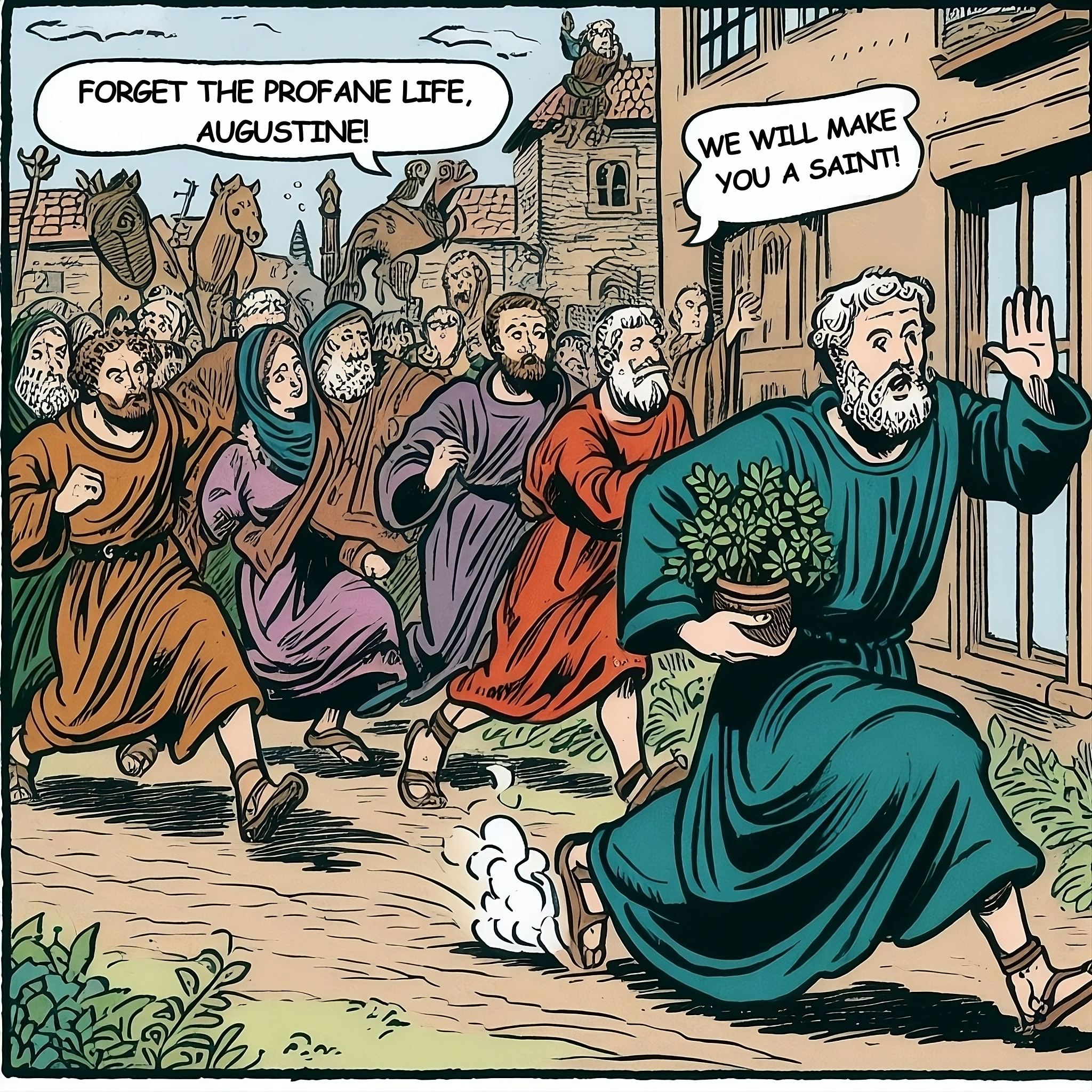 Comic strip where antique peasantry holding myrtle is running after Augustine of Hippo.